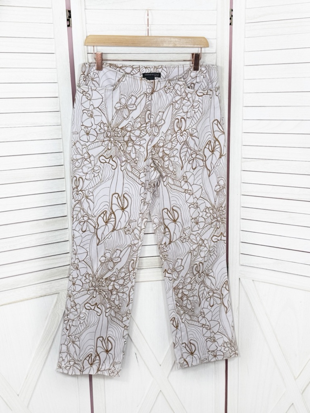 Kenneth‎ Cole Boho Artsy Tropical Floral Print Crop Pants Lavender Brown 10